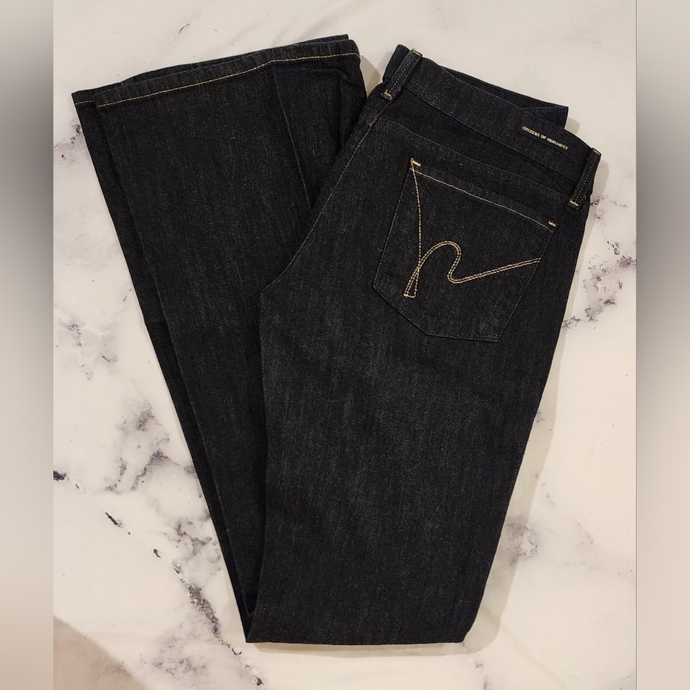 Vintage COH Ingrid Stretch Low Waist Flare Jean Stay Gold Dark Wash Denim Sz 28